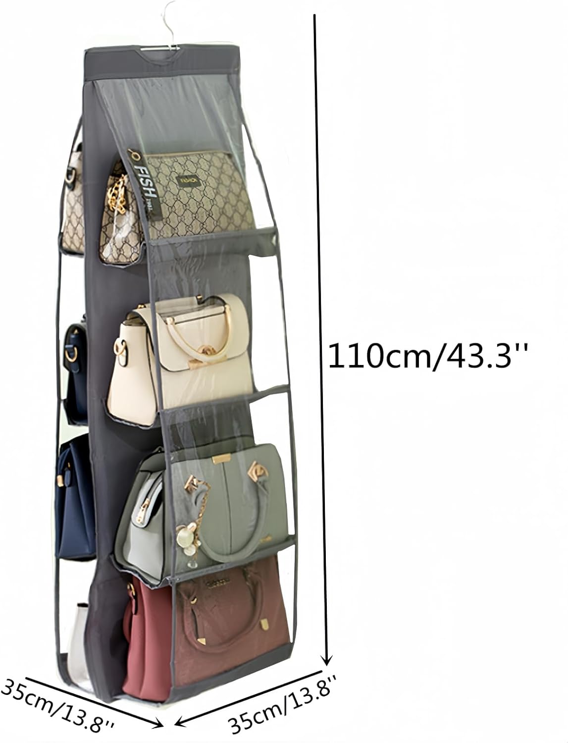 HAN SHENG 2 Pcs 8 Pockets Hanging Purse Handbag Organizer Clear Hanging Shelf Bag Collection Storage Holder Purse Bag Wardrobe Closet Space Saving Organizers (Grey) - Grand Goldman