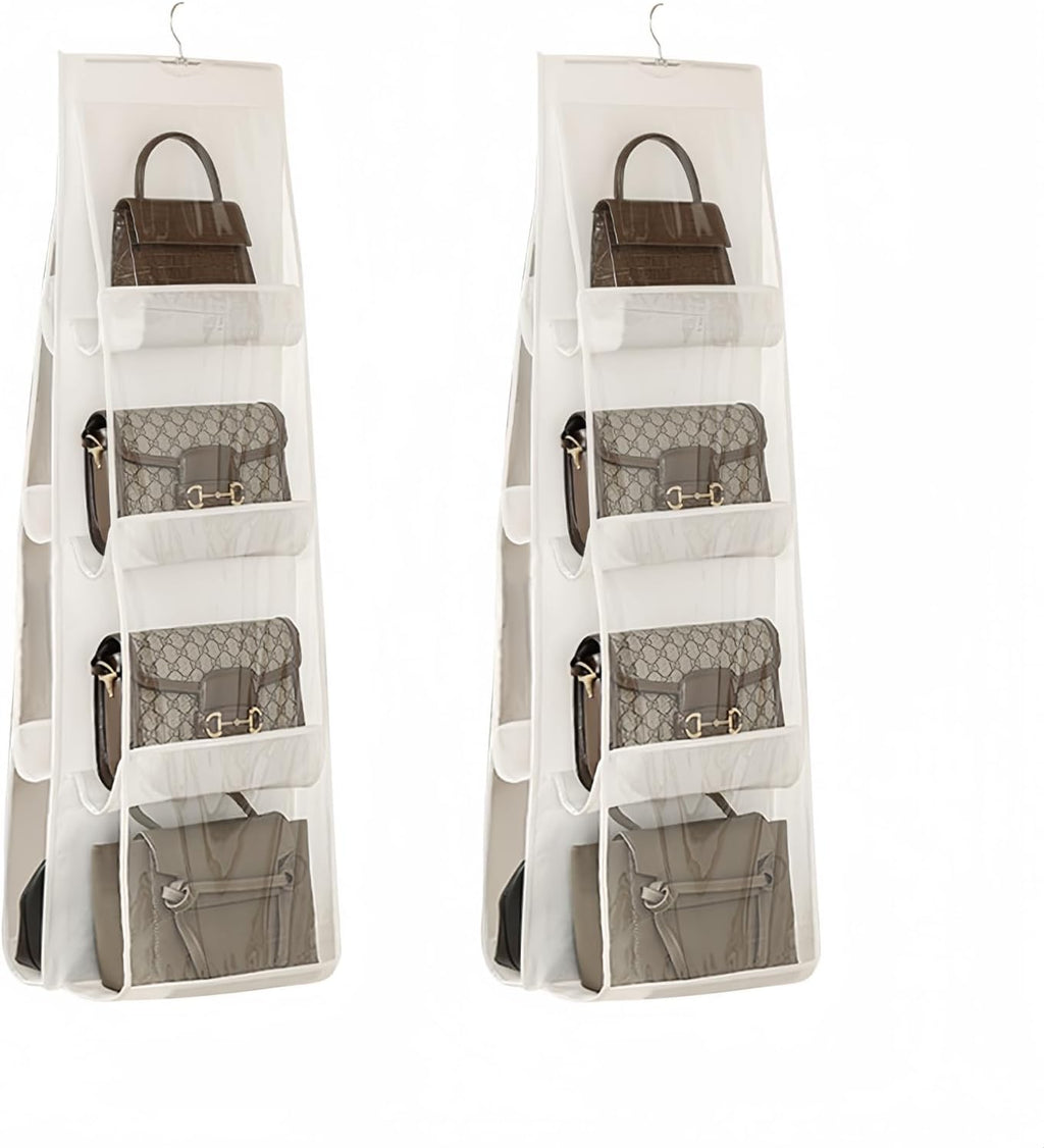 HAN SHENG 2 Pcs 8 Pockets Hanging Purse Handbag Organizer Clear Hanging Shelf Bag Collection Storage Holder Purse Bag Wardrobe Closet Space Saving Organizers (Grey) - Grand Goldman