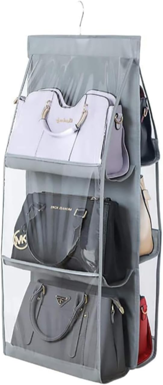 HAN SHENG 2 Pcs 8 Pockets Hanging Purse Handbag Organizer Clear Hanging Shelf Bag Collection Storage Holder Purse Bag Wardrobe Closet Space Saving Organizers (Grey) - Grand Goldman