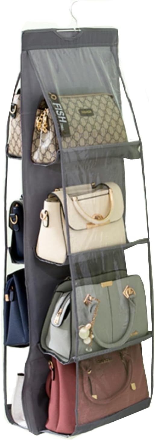 HAN SHENG 2 Pcs 8 Pockets Hanging Purse Handbag Organizer Clear Hanging Shelf Bag Collection Storage Holder Purse Bag Wardrobe Closet Space Saving Organizers (Grey) - Grand Goldman