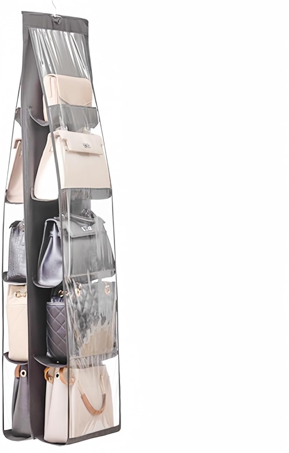 HAN SHENG 2 Pcs 8 Pockets Hanging Purse Handbag Organizer Clear Hanging Shelf Bag Collection Storage Holder Purse Bag Wardrobe Closet Space Saving Organizers (Grey) - Grand Goldman