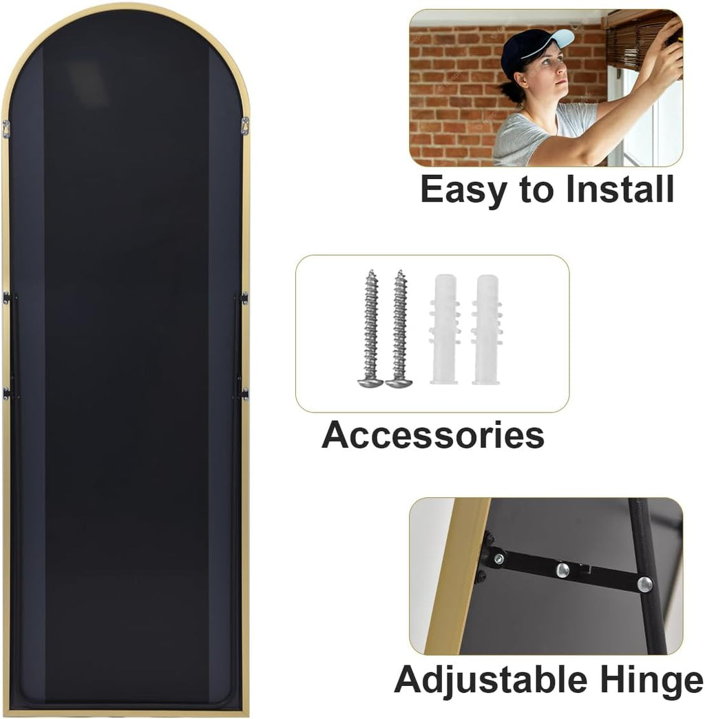 HARRITPURE 64"x21" Arched Full Length Mirror Free Standing Leaning Mirror Hanging Mounted Mirror Aluminum Frame Modern Simple Home Decor for Living Room Bedroom Cloakroom, Gold - Grand Goldman