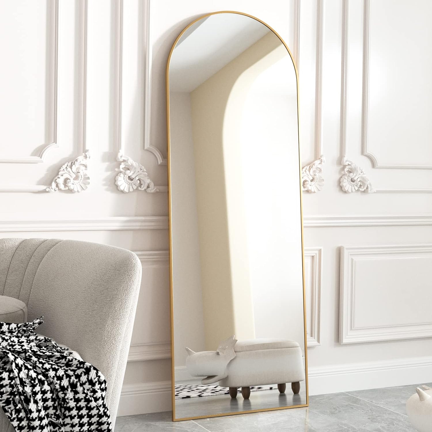 HARRITPURE 64"x21" Arched Full Length Mirror Free Standing Leaning Mirror Hanging Mounted Mirror Aluminum Frame Modern Simple Home Decor for Living Room Bedroom Cloakroom, Gold - Grand Goldman