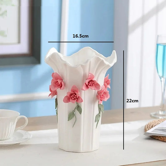 HAVEN 3D Ceramic Vase Home Decor Creative Design Porcelain Decorative Flower Amphora For Wedding Decoration - White Ceramic Vases Adorned with Ceramic Colored Flowers - Tabletop Flower Pot for Home Office Desk Medium Size