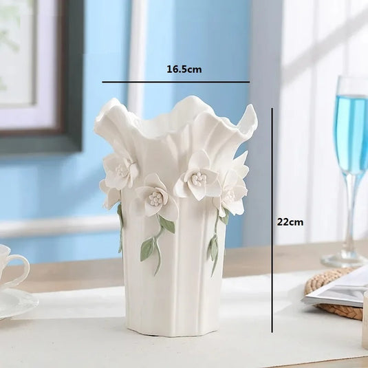 HAVEN 3D Ceramic Vase Home Decor Creative Design Porcelain Decorative Flower Amphora For Wedding Decoration - White Ceramic Vases Adorned with Ceramic Colored Flowers - Tabletop Flower Pot for Home Office Desk Medium Size