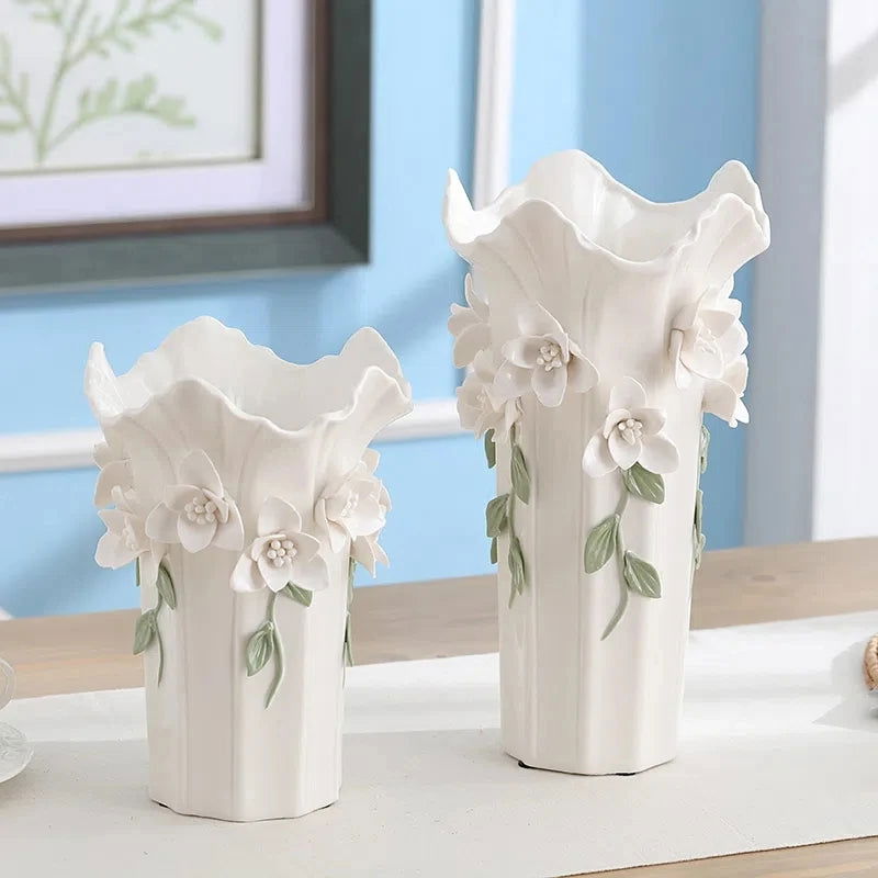 HAVEN 3D Ceramic Vase Home Decor Creative Design Porcelain Decorative Flower Amphora For Wedding Decoration - White Ceramic Vases Adorned with Ceramic Colored Flowers - Tabletop Flower Pot for Home Office Desk Medium Size - Grand Goldman