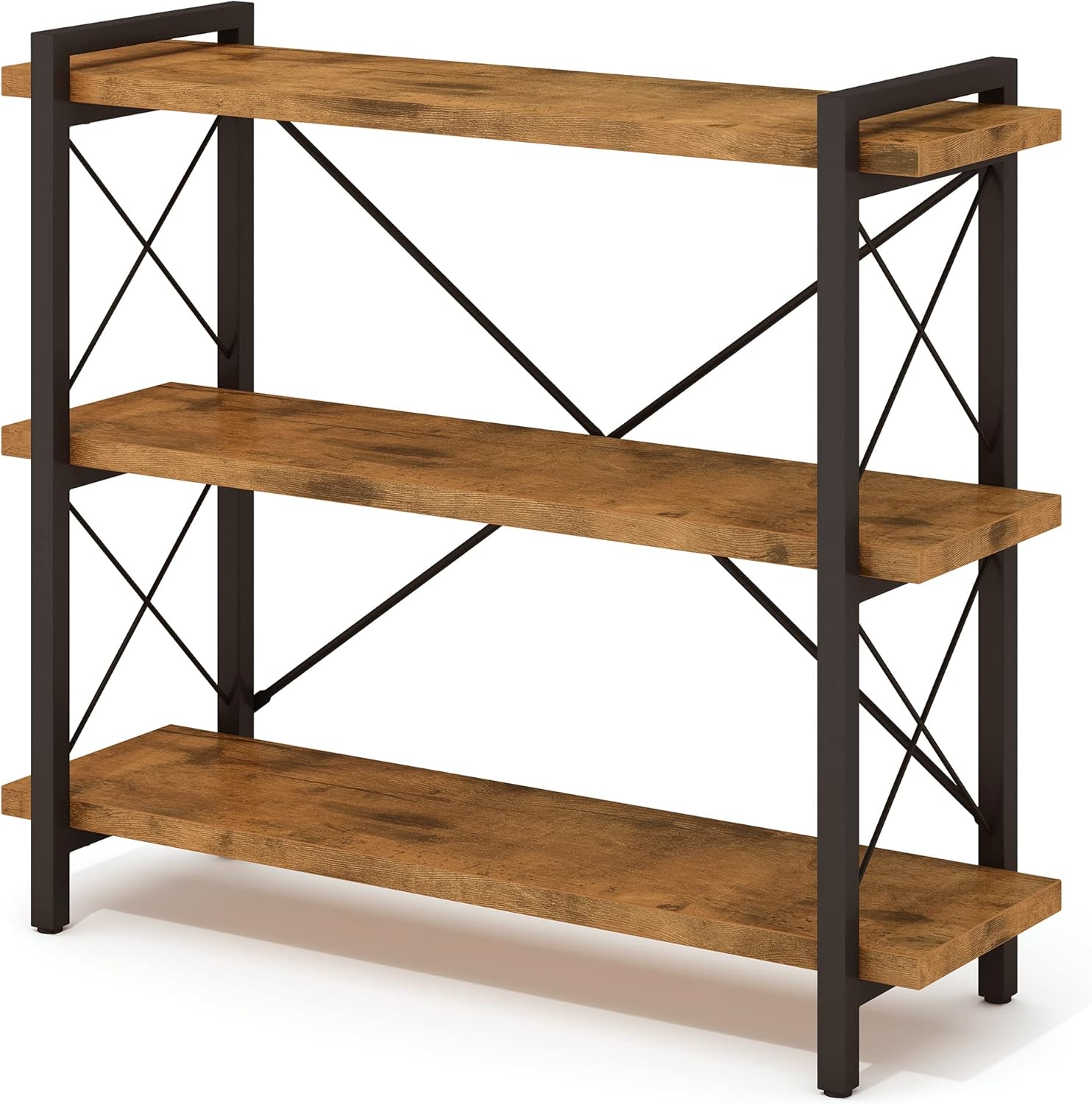 HCHQHS Bookshelf, 3-Tier Industrial Bookcase, Rustic Open Book Shelf, Wood and Metal Horizontal Bookshelves - Grand Goldman
