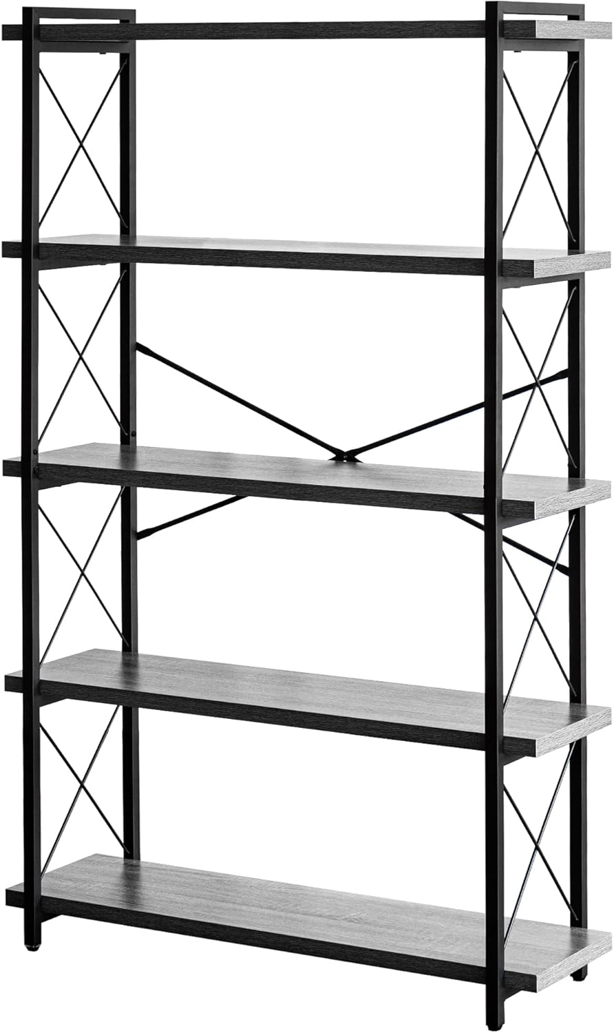 HCHQHS Bookshelf, 3-Tier Industrial Bookcase, Rustic Open Book Shelf, Wood and Metal Horizontal Bookshelves - Grand Goldman