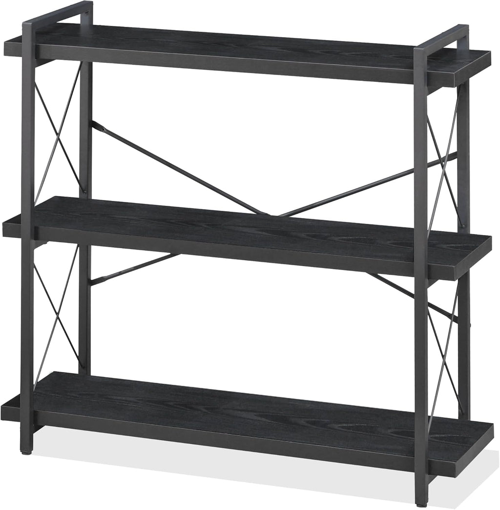 HCHQHS Bookshelf, 3-Tier Industrial Bookcase, Rustic Open Book Shelf, Wood and Metal Horizontal Bookshelves - Grand Goldman