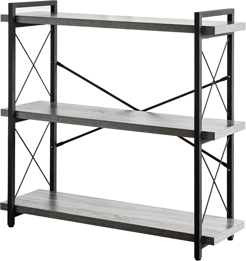HCHQHS Bookshelf, 3-Tier Industrial Bookcase, Rustic Open Book Shelf, Wood and Metal Horizontal Bookshelves - Grand Goldman