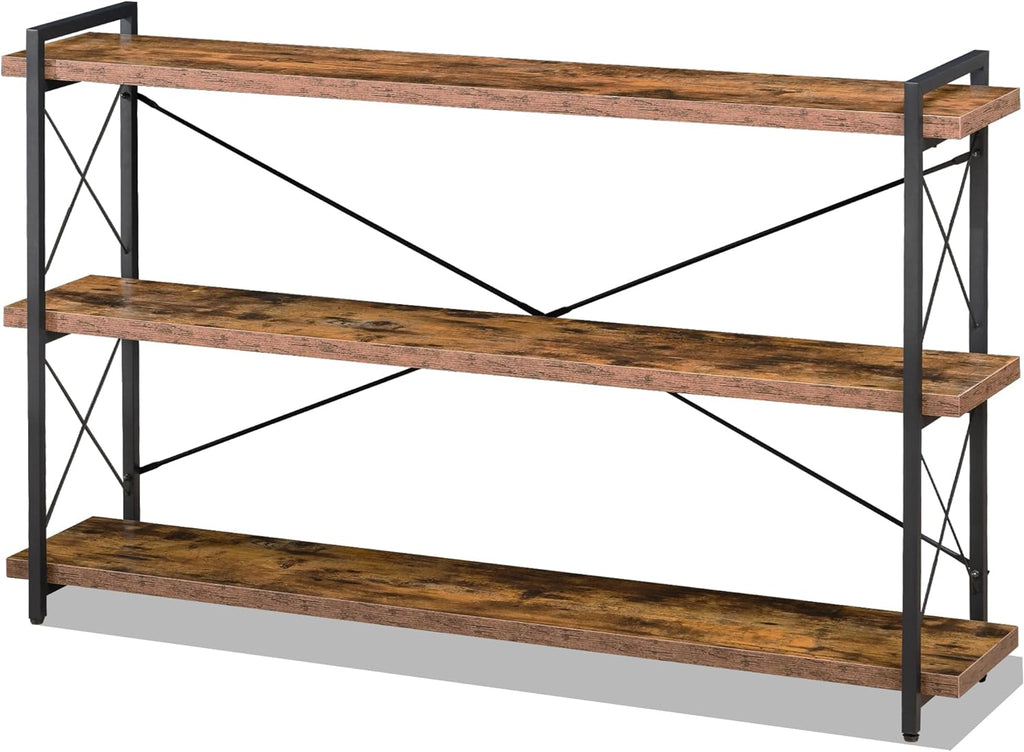 HCHQHS Bookshelf, 3-Tier Industrial Bookcase, Rustic Open Book Shelf, Wood and Metal Horizontal Bookshelves - Grand Goldman