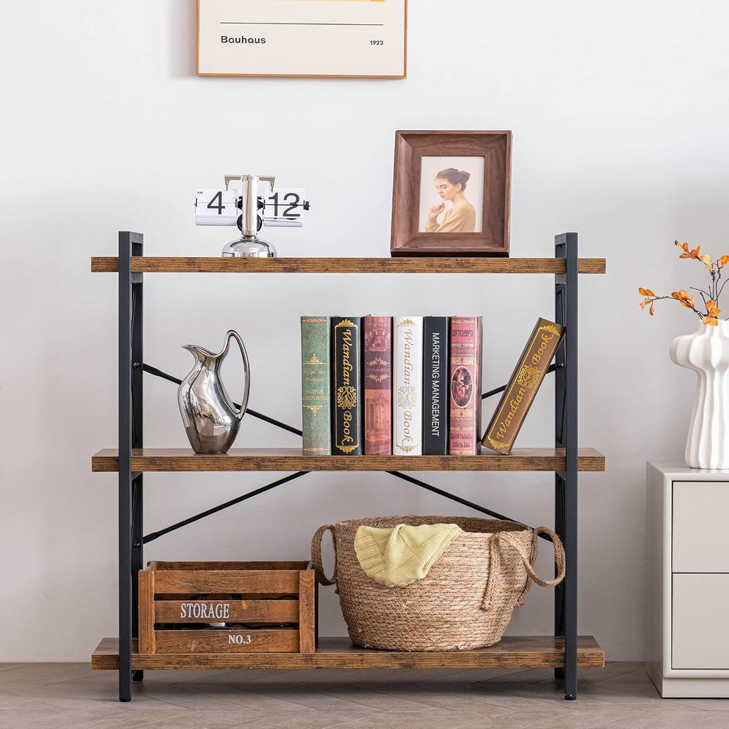 HCHQHS Bookshelf, 3-Tier Industrial Bookcase, Rustic Open Book Shelf, Wood and Metal Horizontal Bookshelves - Grand Goldman