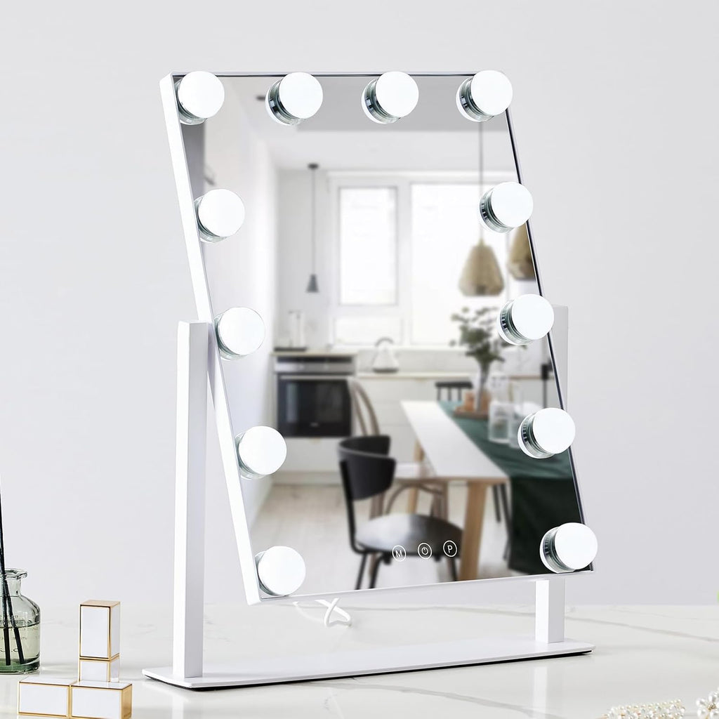 HIEEY Hollywood Vanity Mirror with 12 Dimmable Bulbs Lights, Three Color Lighting Modes, and 5X Magnification, Smart Touch Control, 360°Rotation (White,Gift Box) - Grand Goldman