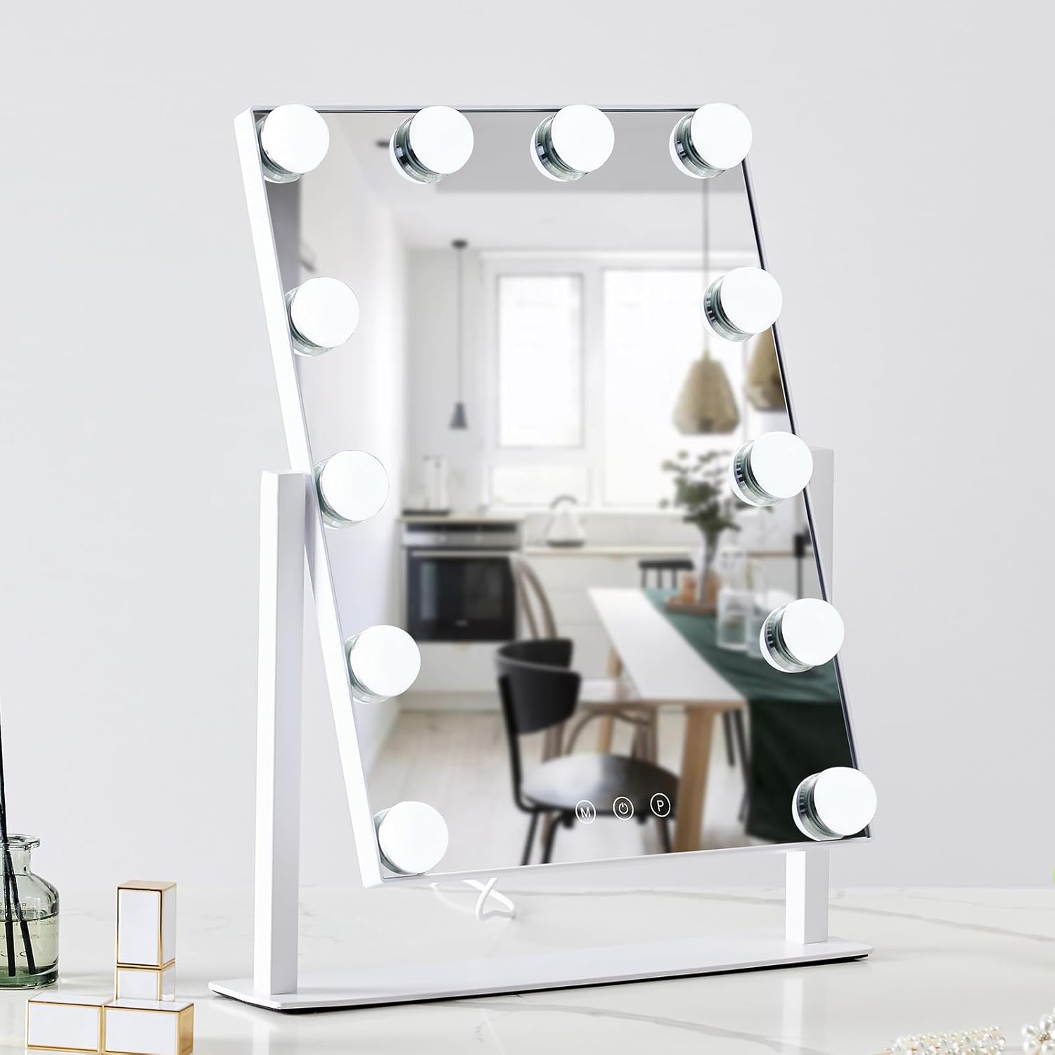 HIEEY Hollywood Vanity Mirror with 12 Dimmable Bulbs Lights, Three Color Lighting Modes, and 5X Magnification, Smart Touch Control, 360°Rotation (White,Gift Box) - Grand Goldman