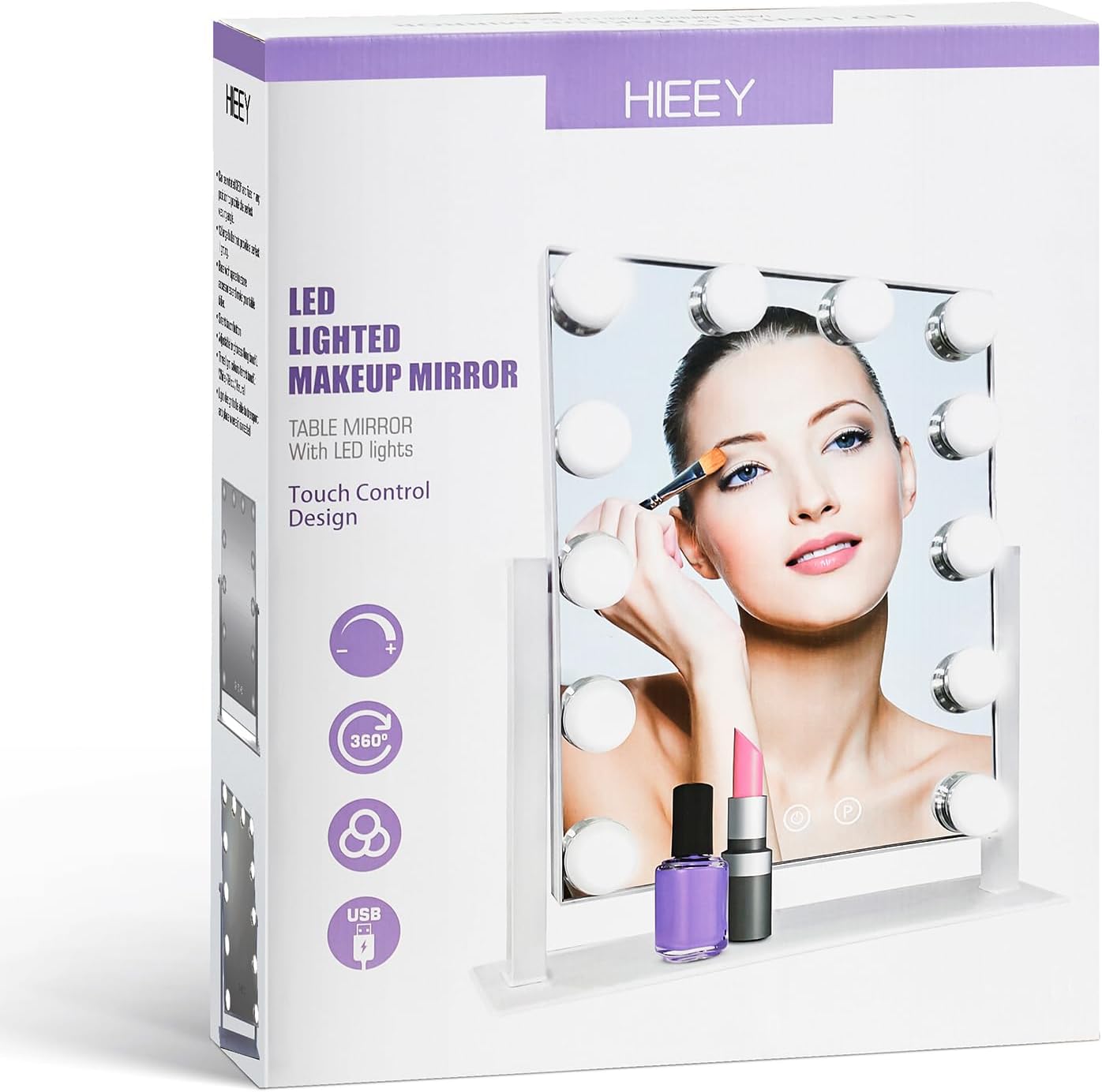 HIEEY Hollywood Vanity Mirror with 12 Dimmable Bulbs Lights, Three Color Lighting Modes, and 5X Magnification, Smart Touch Control, 360°Rotation (White,Gift Box) - Grand Goldman