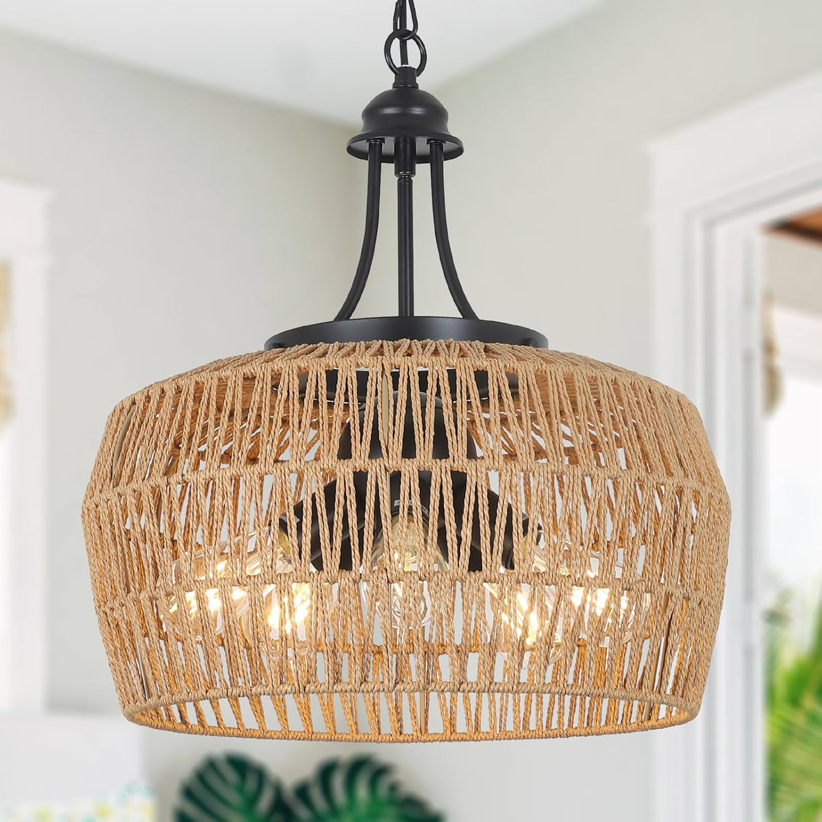 HMVPL Farmhouse Chandelier for Dining Room, 3-Light Boho Rattan Chandelier Light Fixture Ceiling Hanging with Woven Lampshade, Small Wicker Coastal Pendant Light for Kitchen Bedroom Island Hallway - Grand Goldman