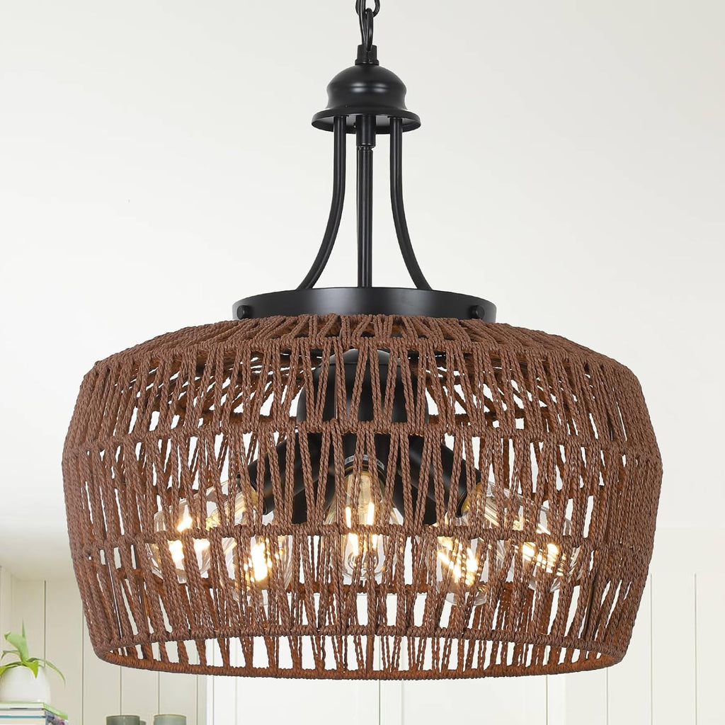 HMVPL Farmhouse Chandelier for Dining Room, 3-Light Boho Rattan Chandelier Light Fixture Ceiling Hanging with Woven Lampshade, Small Wicker Coastal Pendant Light for Kitchen Bedroom Island Hallway - Grand Goldman