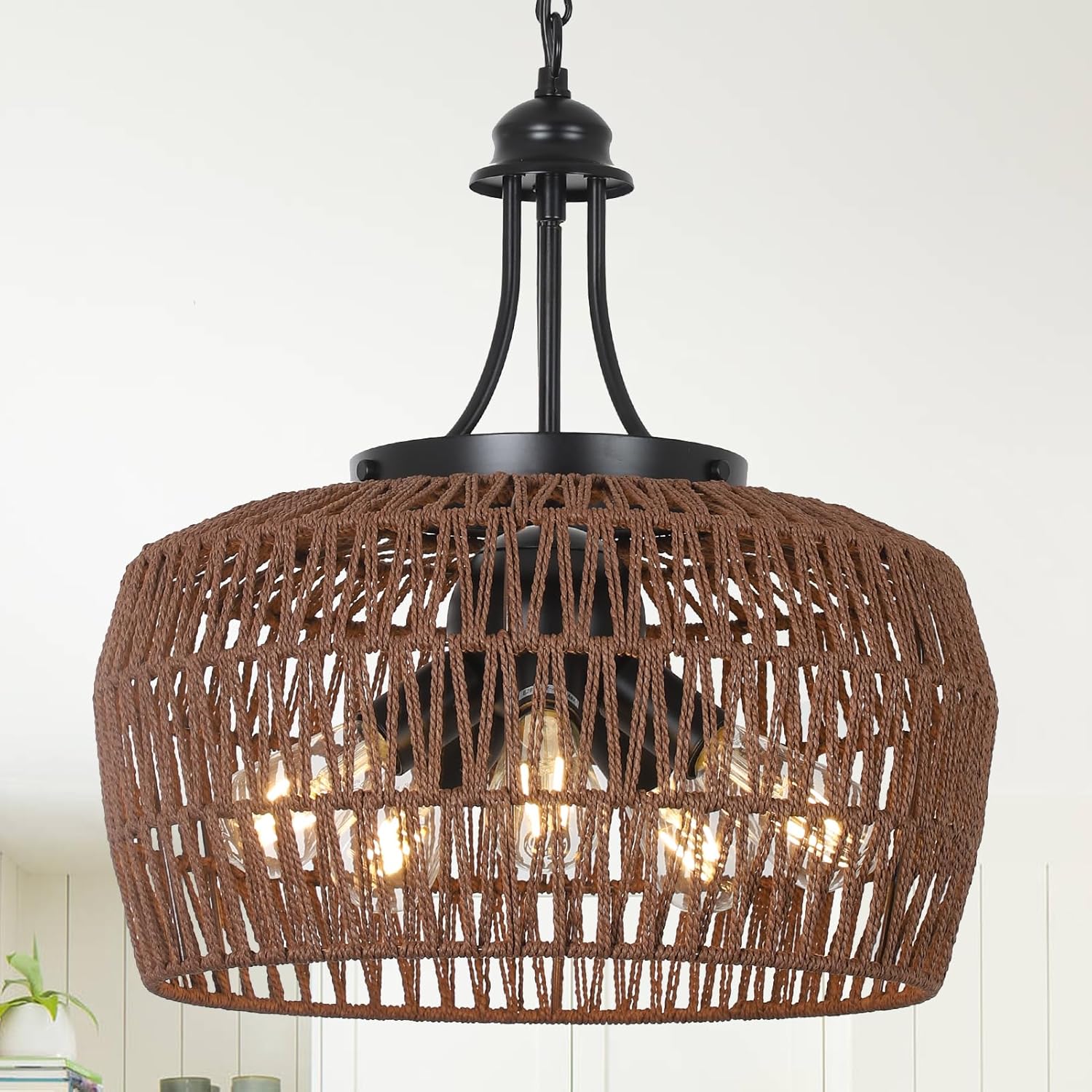 HMVPL Farmhouse Chandelier for Dining Room, 3-Light Boho Rattan Chandelier Light Fixture Ceiling Hanging with Woven Lampshade, Small Wicker Coastal Pendant Light for Kitchen Bedroom Island Hallway - Grand Goldman