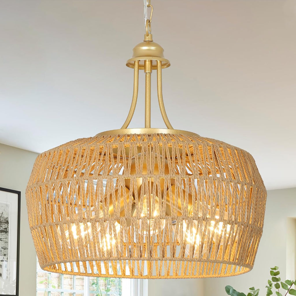 HMVPL Farmhouse Chandelier for Dining Room, 3-Light Boho Rattan Chandelier Light Fixture Ceiling Hanging with Woven Lampshade, Small Wicker Coastal Pendant Light for Kitchen Bedroom Island Hallway - Grand Goldman