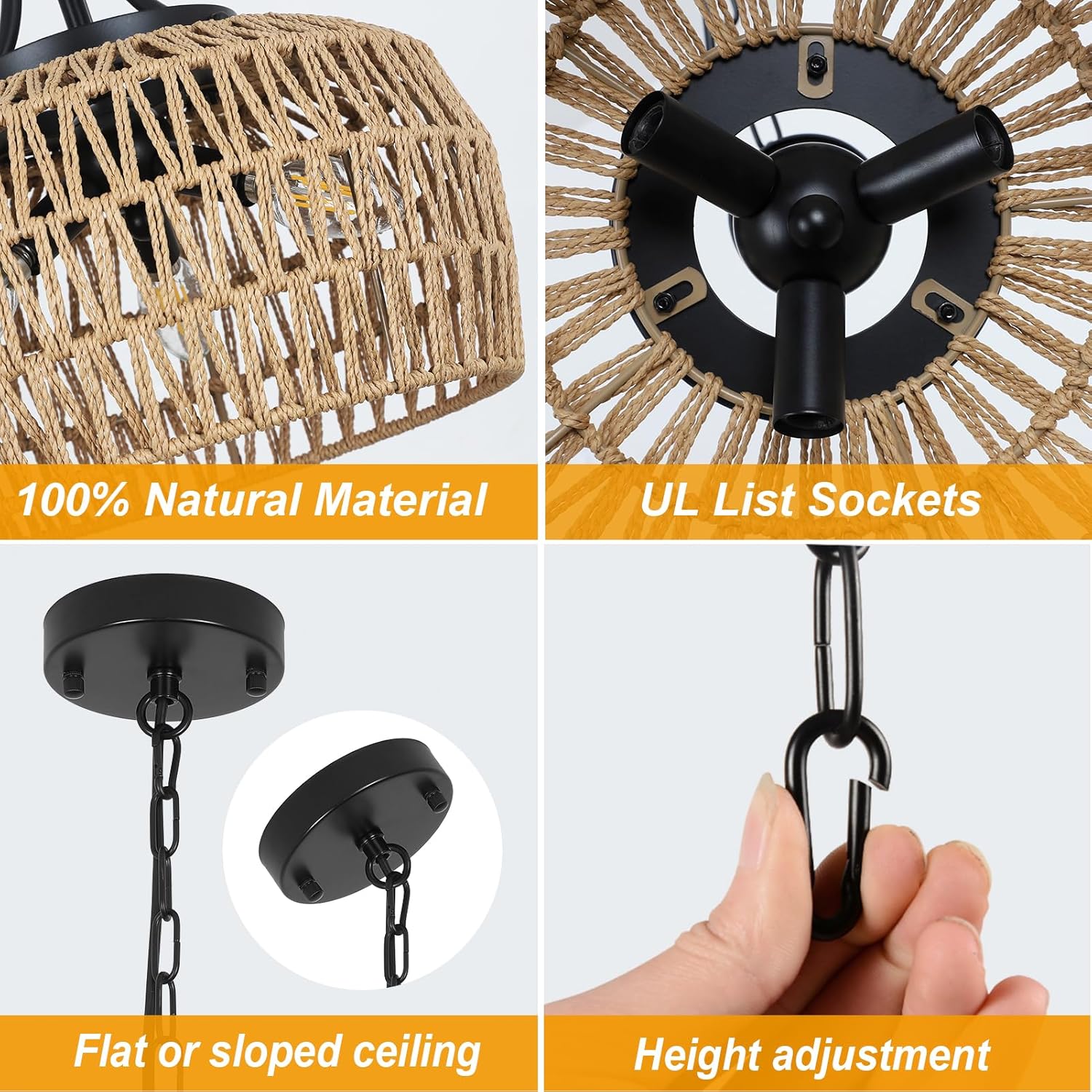 HMVPL Farmhouse Chandelier for Dining Room, 3-Light Boho Rattan Chandelier Light Fixture Ceiling Hanging with Woven Lampshade, Small Wicker Coastal Pendant Light for Kitchen Bedroom Island Hallway - Grand Goldman