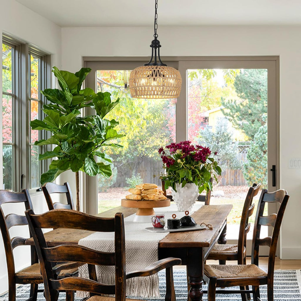 HMVPL Farmhouse Chandelier for Dining Room, 3-Light Boho Rattan Chandelier Light Fixture Ceiling Hanging with Woven Lampshade, Small Wicker Coastal Pendant Light for Kitchen Bedroom Island Hallway - Grand Goldman