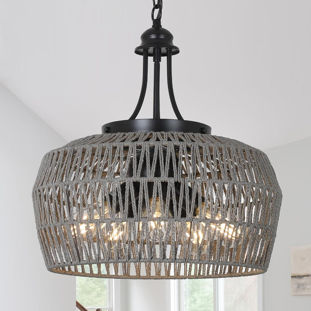 HMVPL Farmhouse Chandelier for Dining Room, 3-Light Boho Rattan Chandelier Light Fixture Ceiling Hanging with Woven Lampshade, Small Wicker Coastal Pendant Light for Kitchen Bedroom Island Hallway - Grand Goldman
