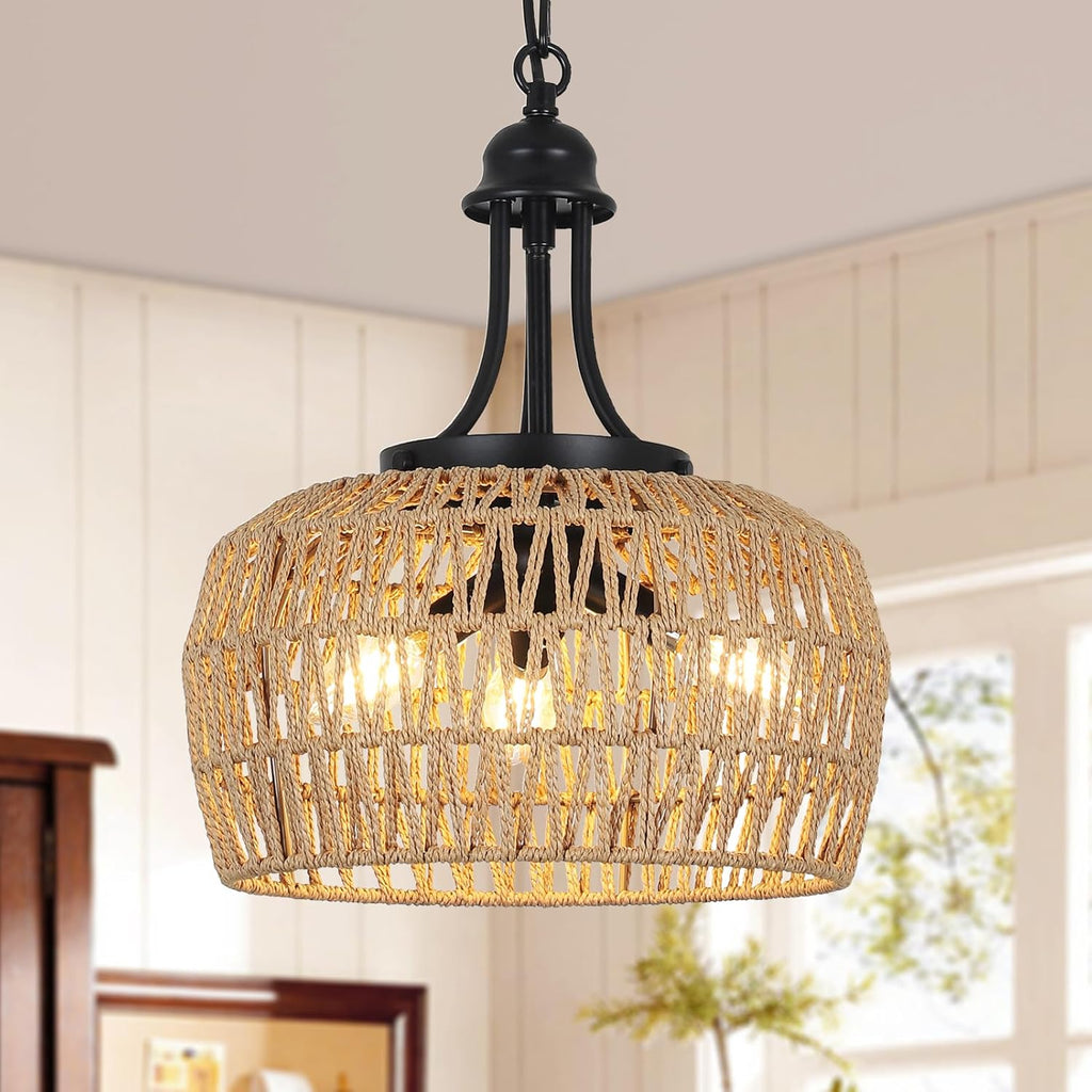 HMVPL Farmhouse Chandelier for Dining Room, 3-Light Boho Rattan Chandelier Light Fixture Ceiling Hanging with Woven Lampshade, Small Wicker Coastal Pendant Light for Kitchen Bedroom Island Hallway - Grand Goldman