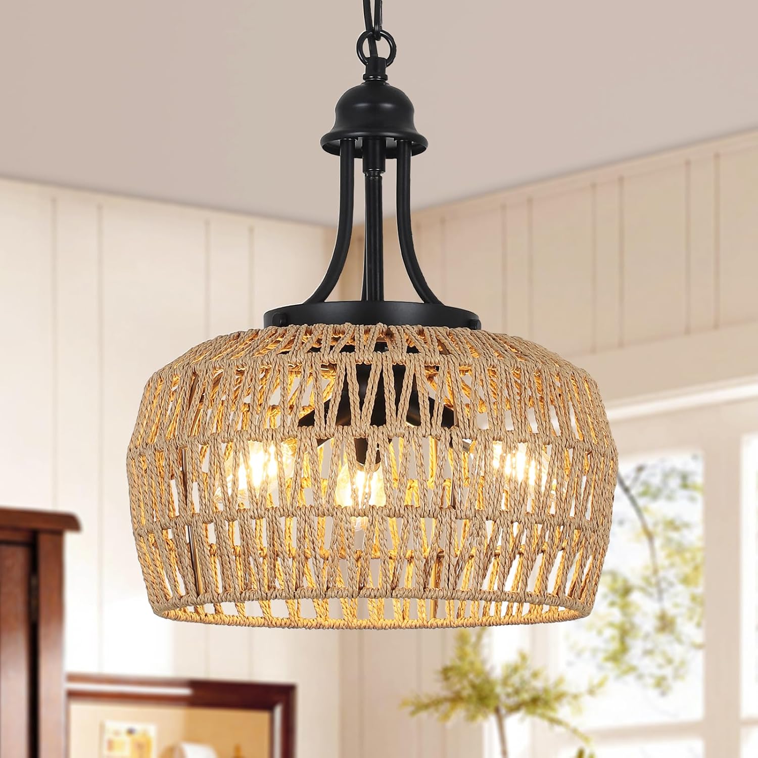 HMVPL Farmhouse Chandelier for Dining Room, 3-Light Boho Rattan Chandelier Light Fixture Ceiling Hanging with Woven Lampshade, Small Wicker Coastal Pendant Light for Kitchen Bedroom Island Hallway - Grand Goldman