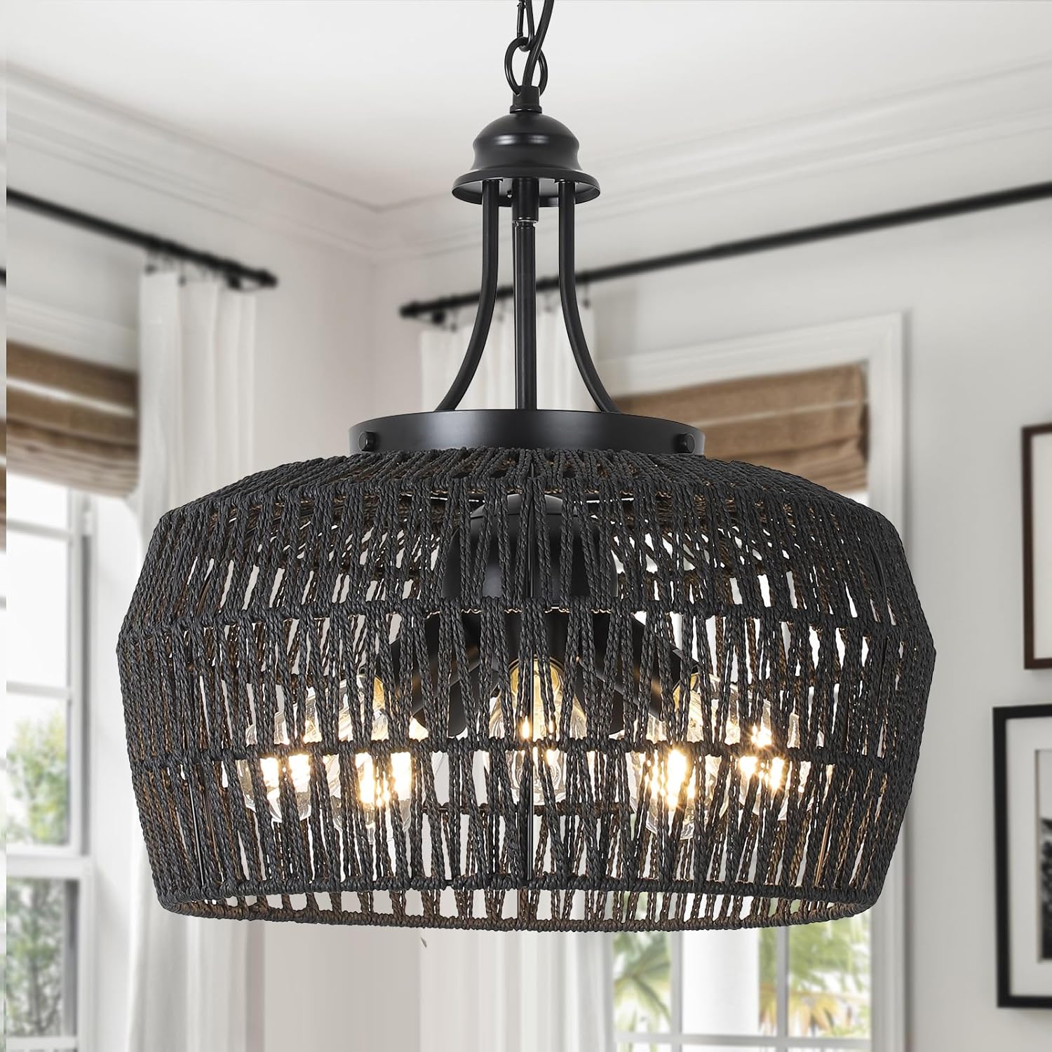 HMVPL Farmhouse Chandelier for Dining Room, 3-Light Boho Rattan Chandelier Light Fixture Ceiling Hanging with Woven Lampshade, Small Wicker Coastal Pendant Light for Kitchen Bedroom Island Hallway - Grand Goldman