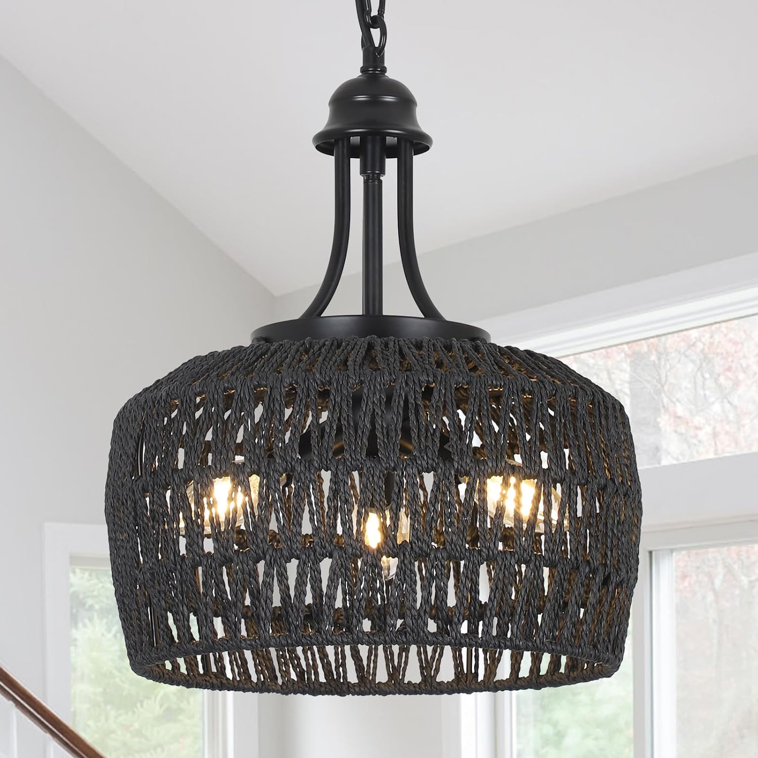 HMVPL Farmhouse Chandelier for Dining Room, 3-Light Boho Rattan Chandelier Light Fixture Ceiling Hanging with Woven Lampshade, Small Wicker Coastal Pendant Light for Kitchen Bedroom Island Hallway - Grand Goldman