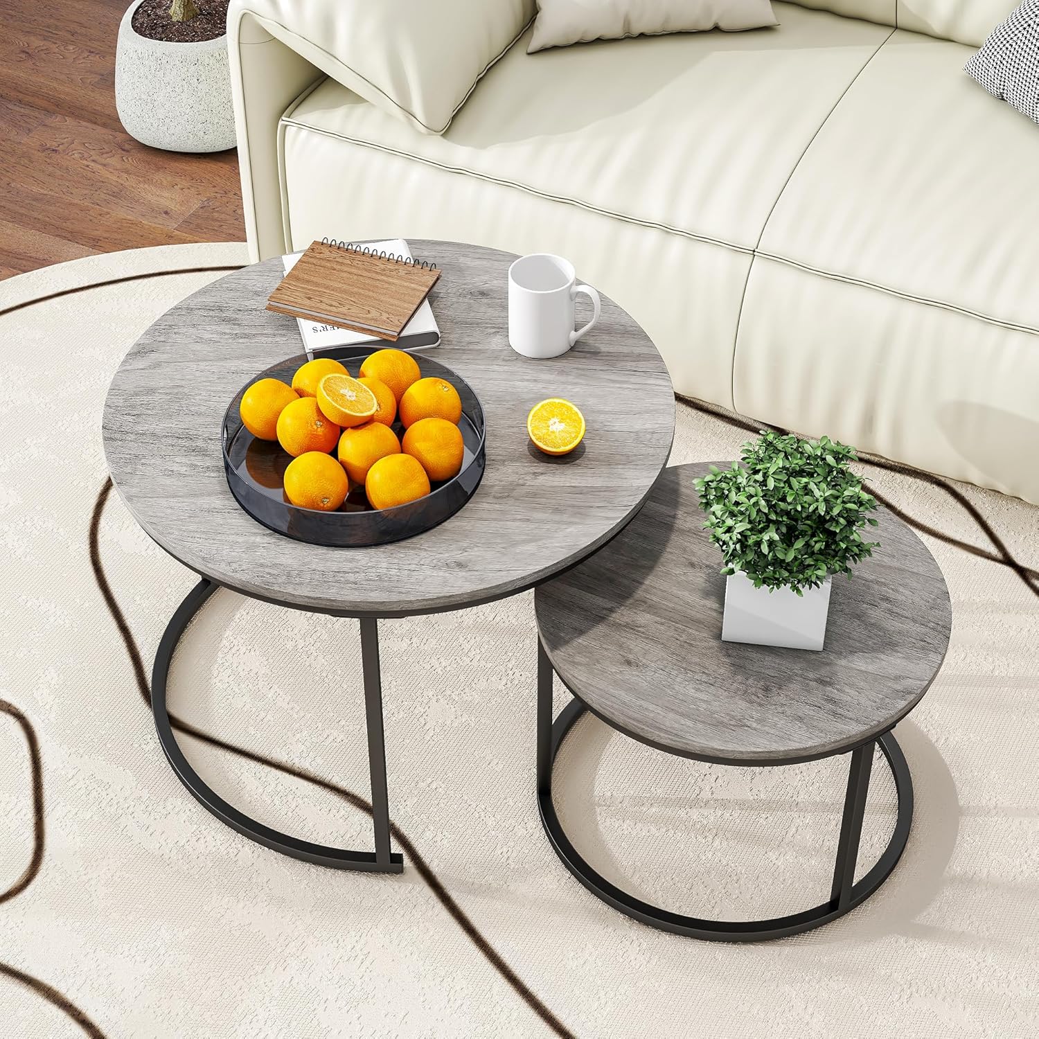 HOJINLINERO Industrial Round Coffee Table Set of 2 End Table for Living Room,Stacking Side Tables, Sturdy and Easy Assembly,Wood Look Accent Furniture with Metal Frame,Black+Rustic Brown - Grand Goldman