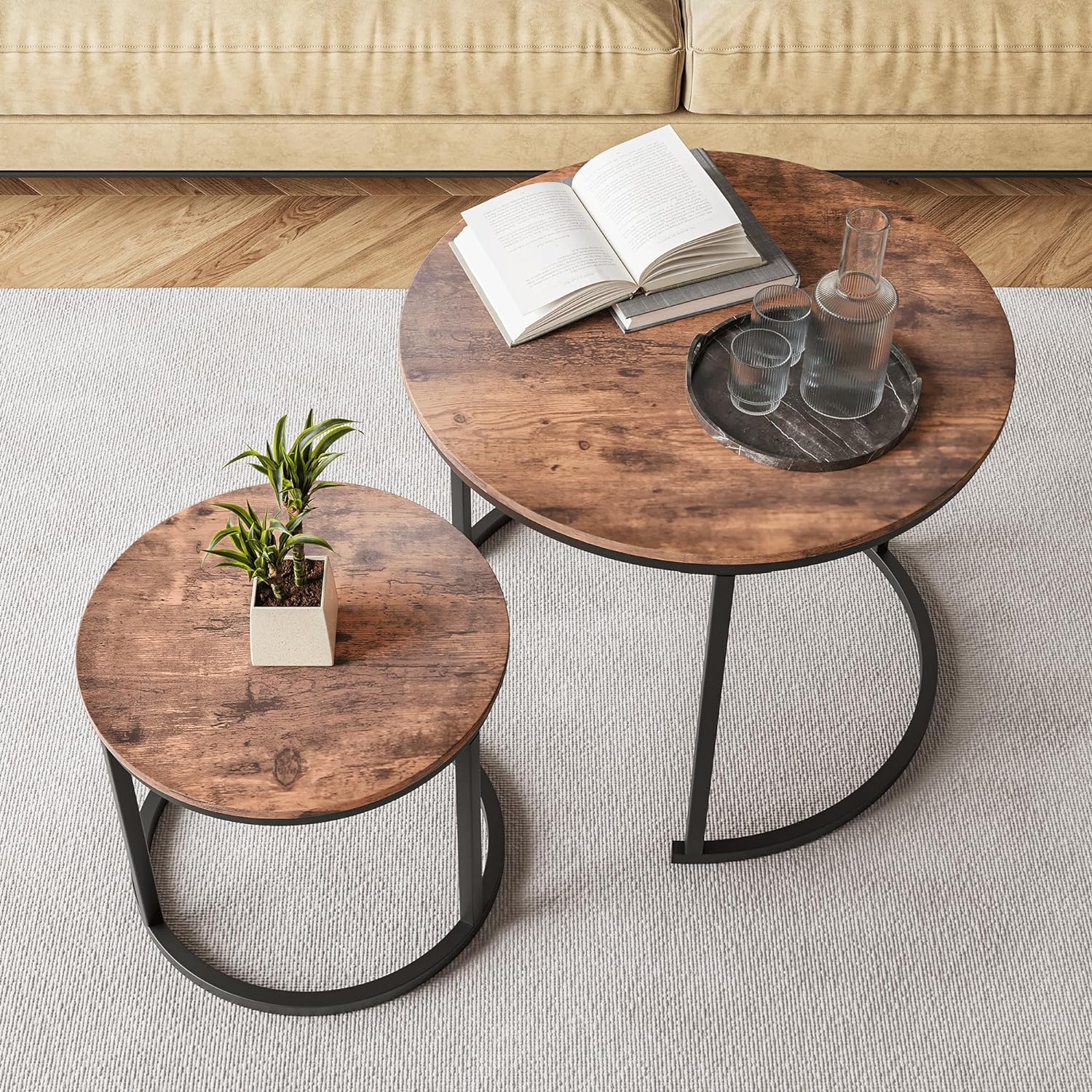 HOJINLINERO Industrial Round Coffee Table Set of 2 End Table for Living Room,Stacking Side Tables, Sturdy and Easy Assembly,Wood Look Accent Furniture with Metal Frame,Black+Rustic Brown - Grand Goldman