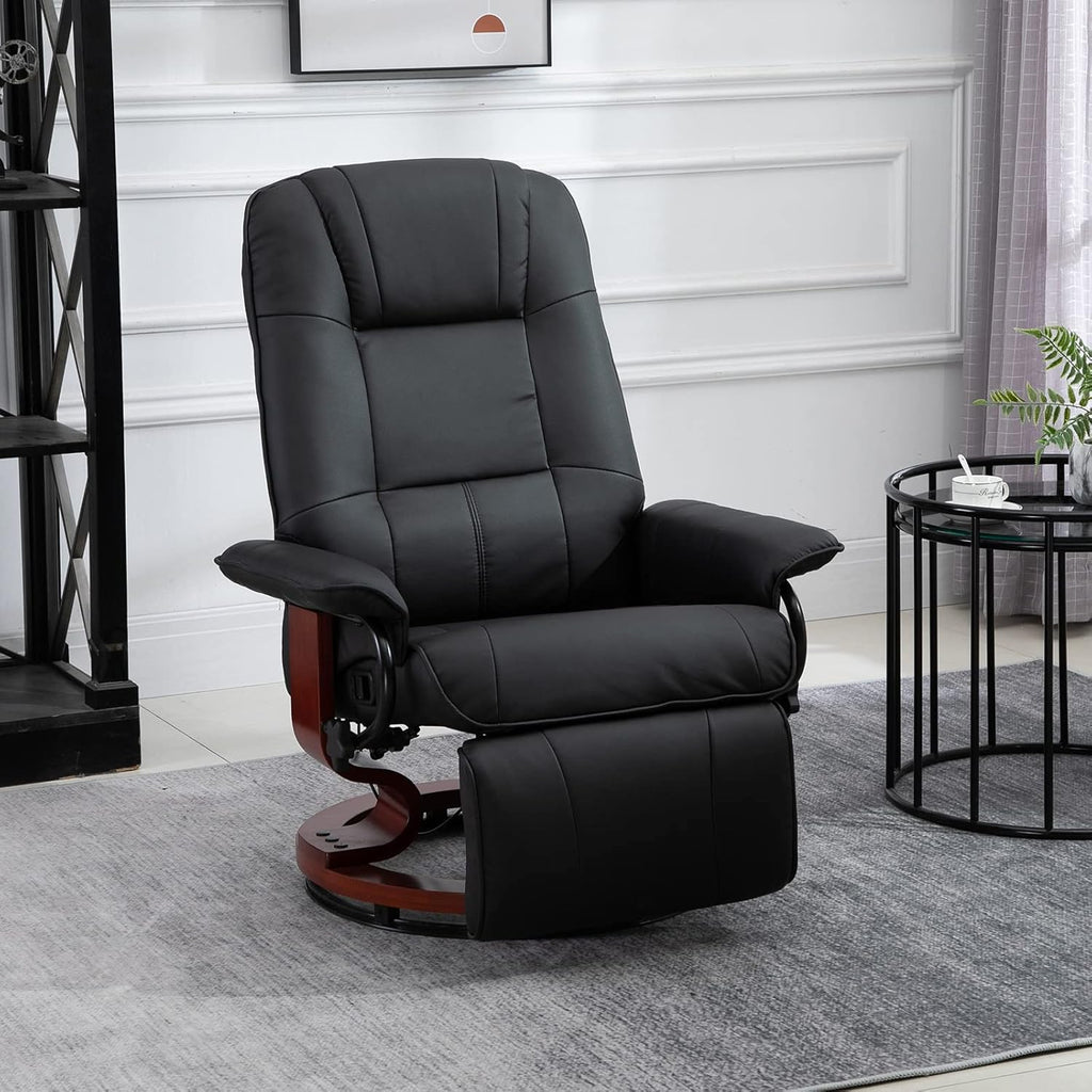 HOMCOM Faux Leather Manual Recliner, Adjustable Swivel Lounge Chair with Footrest, Armrest and Wrapped Wood Base for Living Room, Black - Grand Goldman