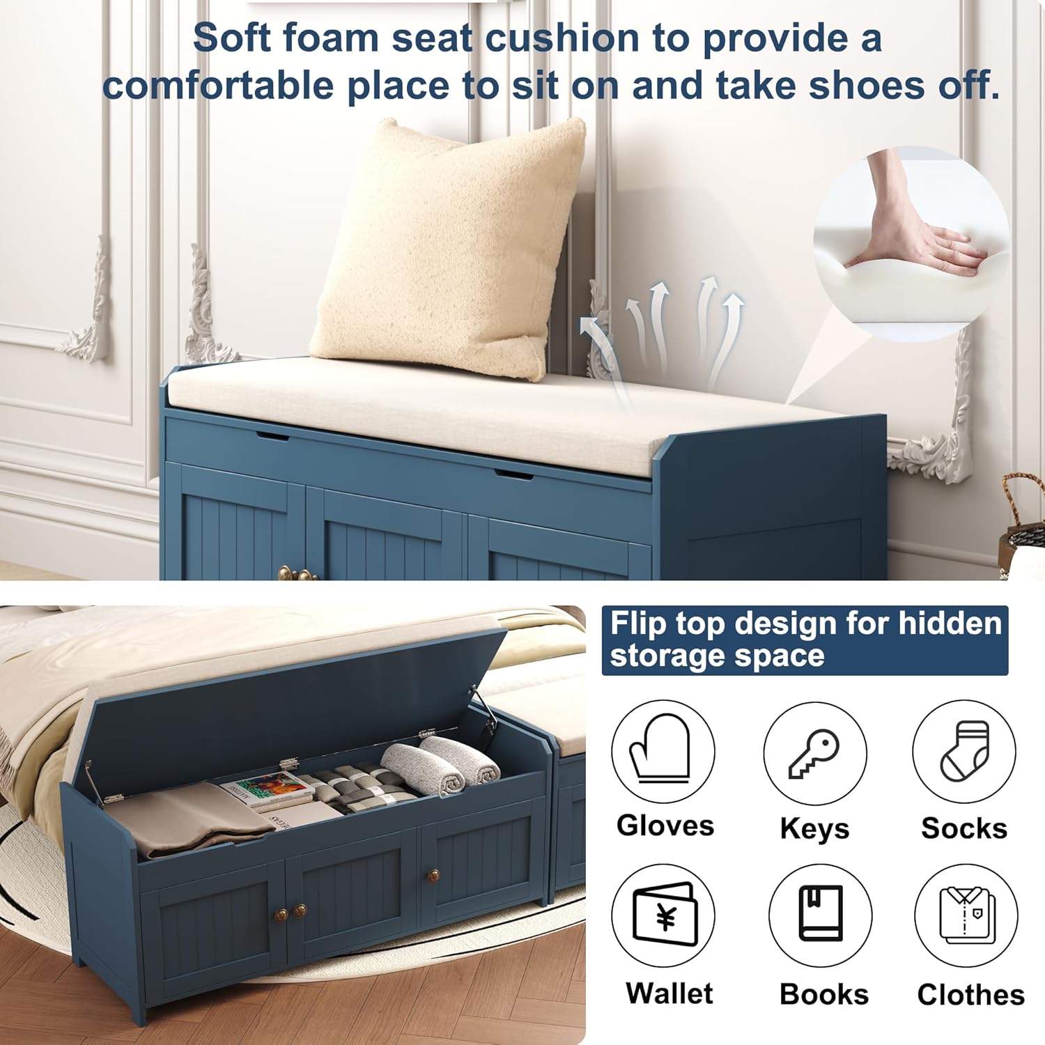 HOMEFORT 41.3” Shoe Bench with Lift Top Storage, Entryway Storage Bench with Cushioned Seat, Wooden End of Bed Bench, Shoe Cabinet Bench with Hidden Storage Space, for Bedroom, Hallway(Blue) - Grand Goldman