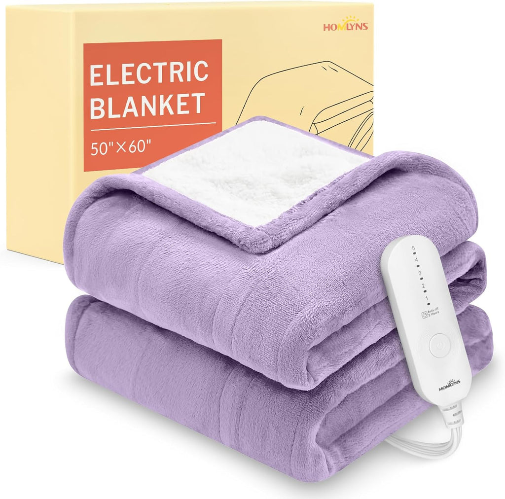 HOMLYNS LuxeHeat Heated Blanket Electric Blanket, Soft Flannel Sherpa Heated Throw, Heating Blanket with 5 Heat Settings, 3 hrs Timer Auto Shut Off (50x60 inches, Purple) - Grand Goldman