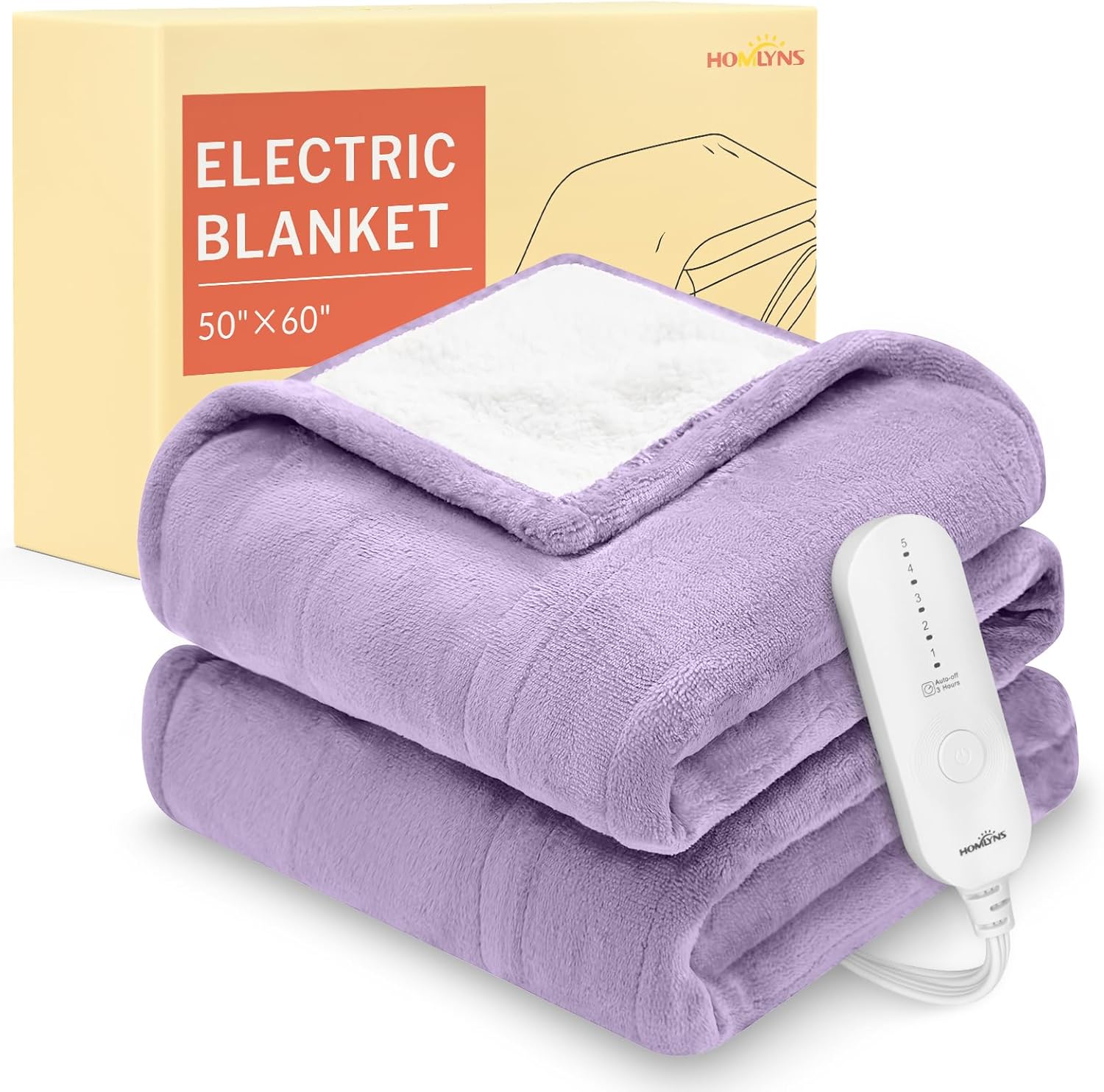 HOMLYNS LuxeHeat Heated Blanket Electric Blanket, Soft Flannel Sherpa Heated Throw, Heating Blanket with 5 Heat Settings, 3 hrs Timer Auto Shut Off (50x60 inches, Purple) - Grand Goldman