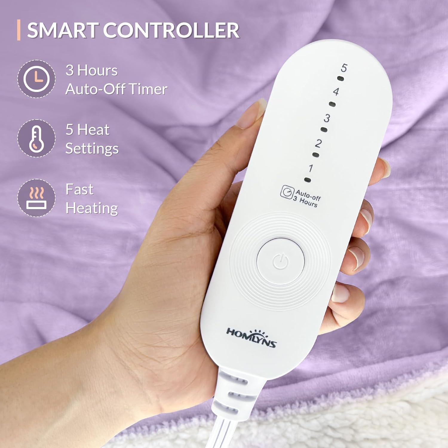 HOMLYNS LuxeHeat Heated Blanket Electric Blanket, Soft Flannel Sherpa Heated Throw, Heating Blanket with 5 Heat Settings, 3 hrs Timer Auto Shut Off (50x60 inches, Purple) - Grand Goldman