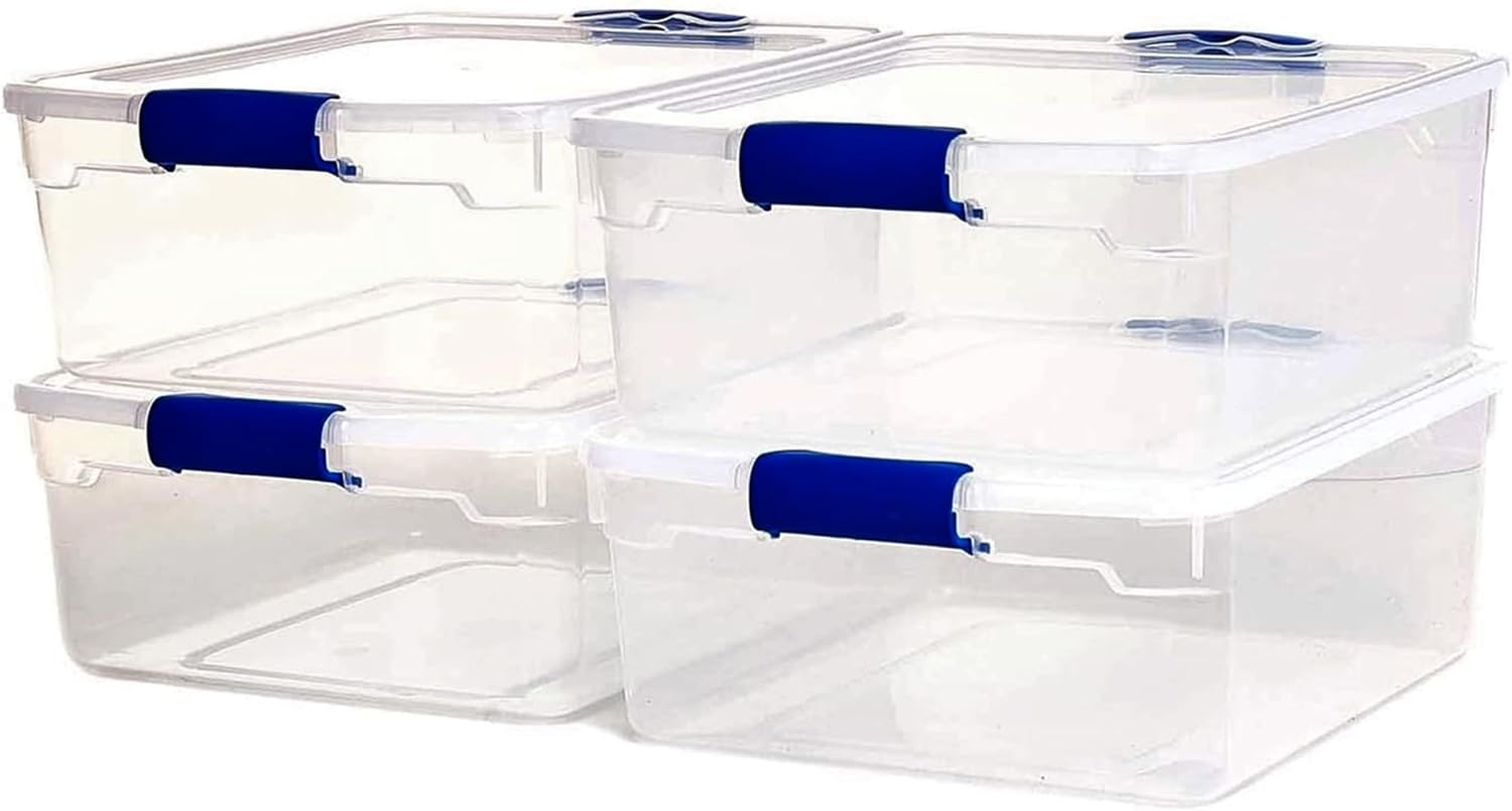HOMZ 2 Pack Large Clear Plastic Storage Bins with Latching Lids, 66 Quart, Blue - Grand Goldman