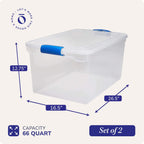 HOMZ 2 Pack Large Clear Plastic Storage Bins with Latching Lids, 66 Quart, Blue - Grand Goldman