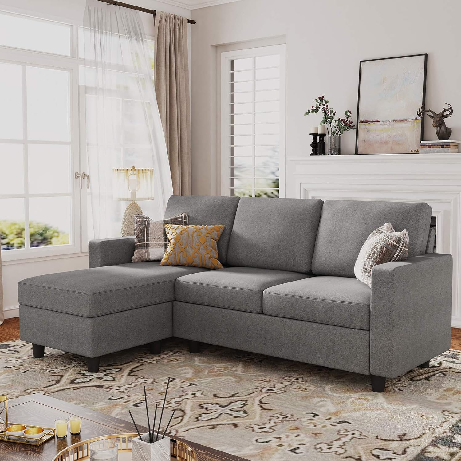 HONBAY Convertible Sectional Sofa, L Shaped Couch with Reversible Chaise for Small Space, Dark Grey - Grand Goldman