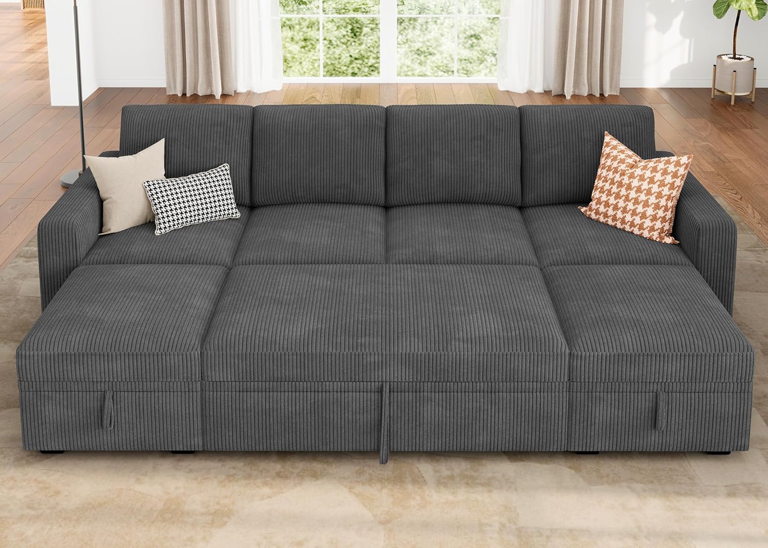 HONBAY Modular Sectional Sleeper Sofa Bed, Corduroy Pull Out Couch with Storage Ottoman, U Shaped Sectional Couches for Living Room, Dark Grey - Grand Goldman