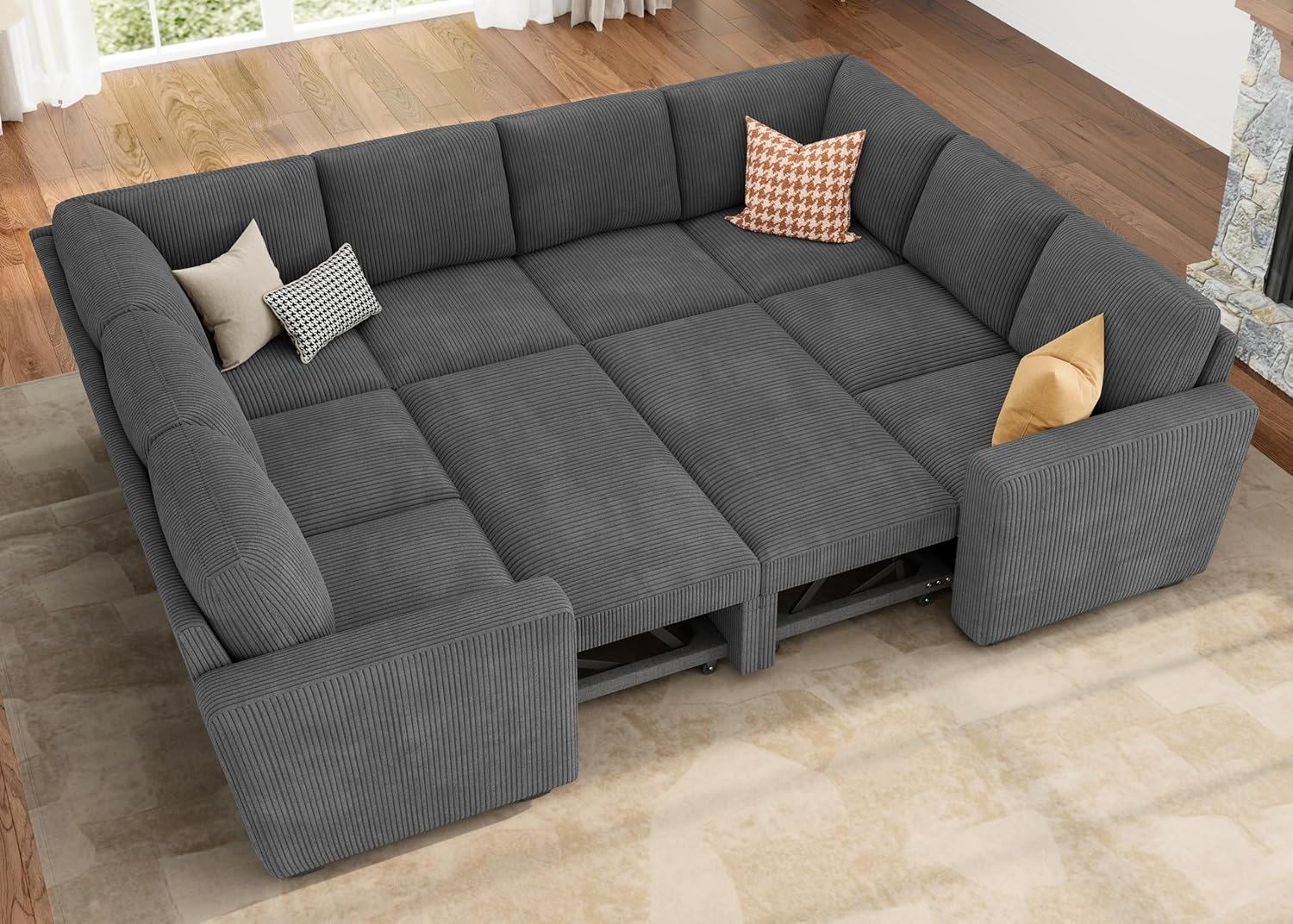 HONBAY Modular Sectional Sleeper Sofa Bed, Corduroy Pull Out Couch with Storage Ottoman, U Shaped Sectional Couches for Living Room, Dark Grey - Grand Goldman
