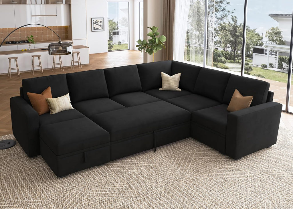 HONBAY Modular Sectional Sleeper Sofa with Pull Out Bed, Velvet L Shaped Sectional Couch with Storage Seat, Convertible Sectional Couches for Living Room, Black - Grand Goldman