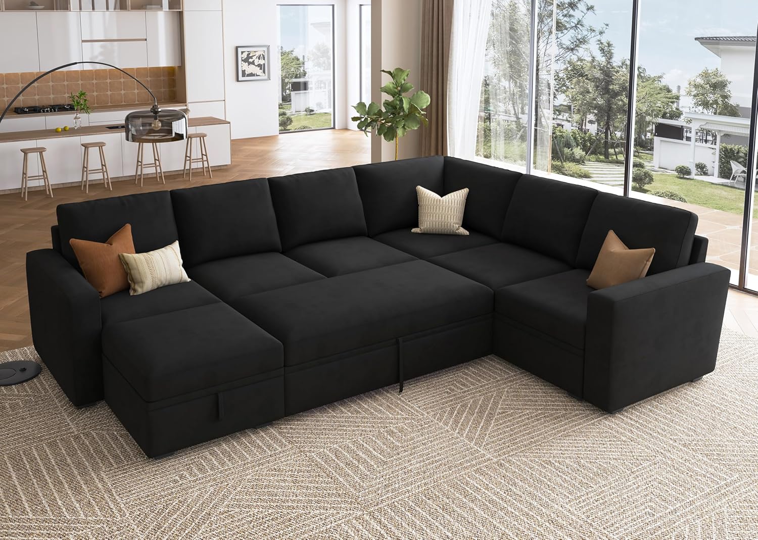 HONBAY Modular Sectional Sleeper Sofa with Pull Out Bed, Velvet L Shaped Sectional Couch with Storage Seat, Convertible Sectional Couches for Living Room, Black - Grand Goldman