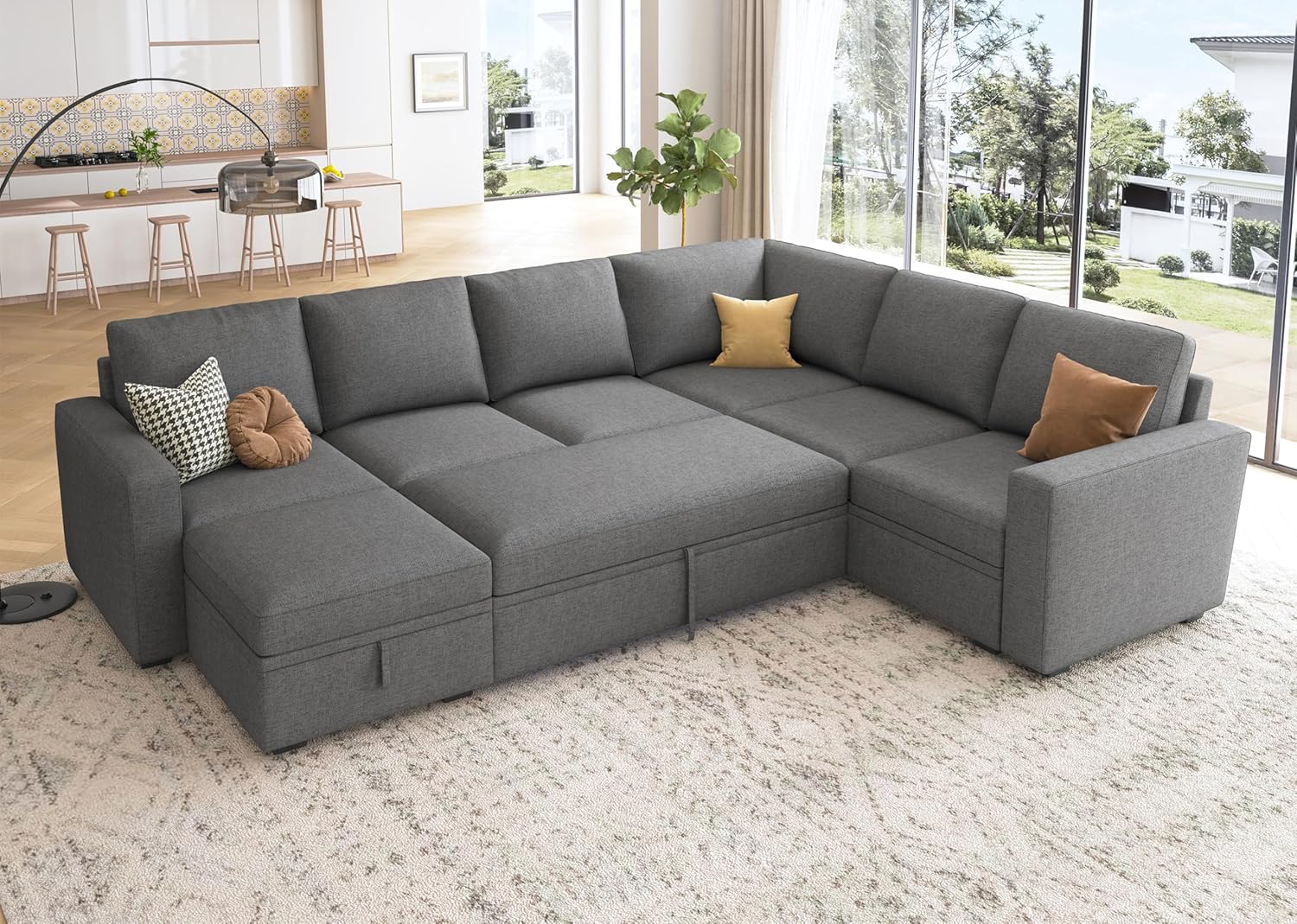 HONBAY Modular Sectional Sleeper Sofa with Pull Out Bed, Velvet L Shaped Sectional Couch with Storage Seat, Convertible Sectional Couches for Living Room, Black - Grand Goldman
