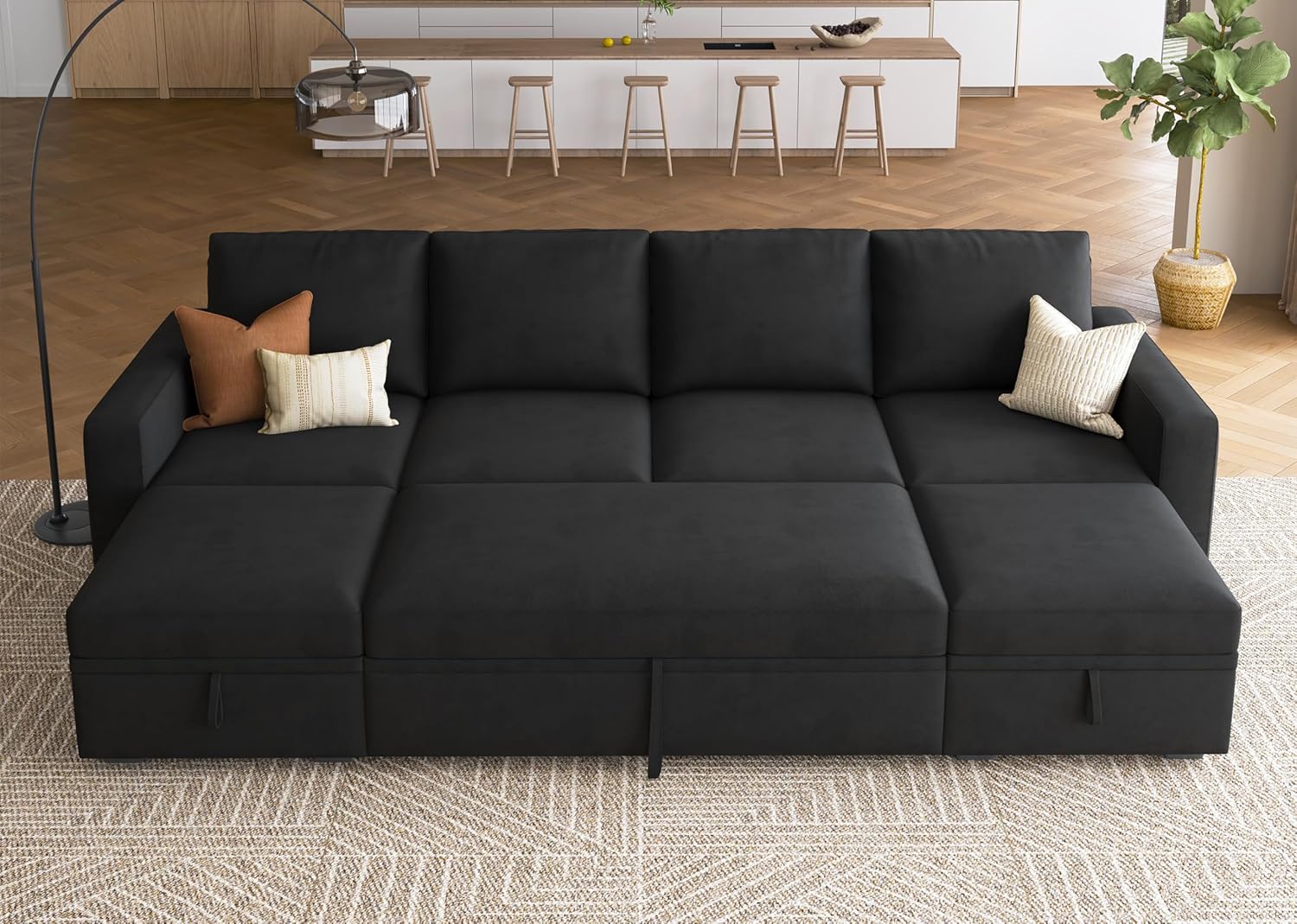 HONBAY Modular Sectional Sleeper Sofa with Pull Out Bed, Velvet L Shaped Sectional Couch with Storage Seat, Convertible Sectional Couches for Living Room, Black - Grand Goldman