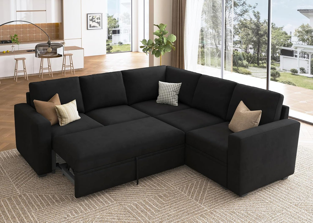 HONBAY Modular Sectional Sleeper Sofa with Pull Out Bed, Velvet L Shaped Sectional Couch with Storage Seat, Convertible Sectional Couches for Living Room, Black - Grand Goldman