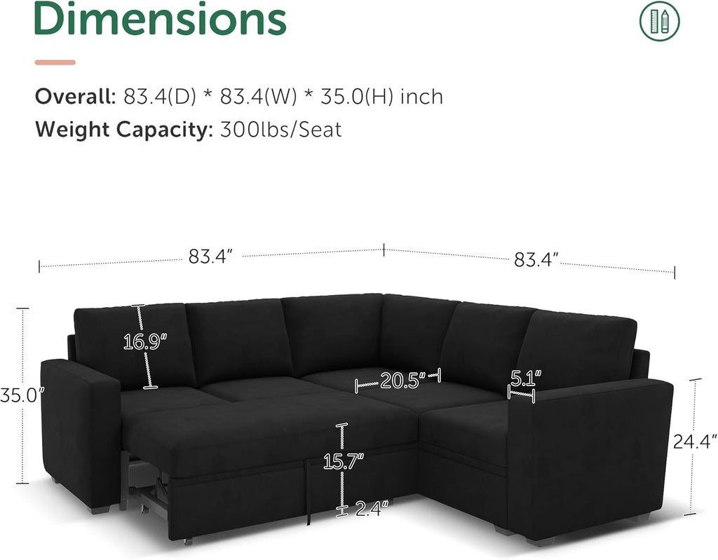 HONBAY Modular Sectional Sleeper Sofa with Pull Out Bed, Velvet L Shaped Sectional Couch with Storage Seat, Convertible Sectional Couches for Living Room, Black - Grand Goldman