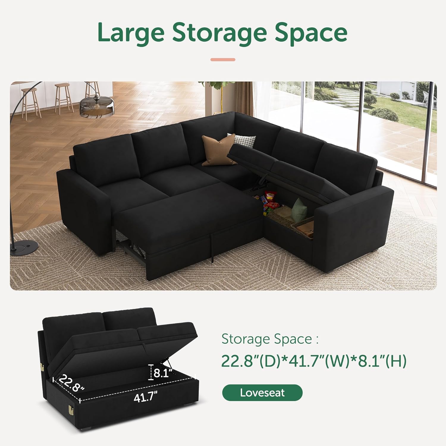 HONBAY Modular Sectional Sleeper Sofa with Pull Out Bed, Velvet L Shaped Sectional Couch with Storage Seat, Convertible Sectional Couches for Living Room, Black - Grand Goldman