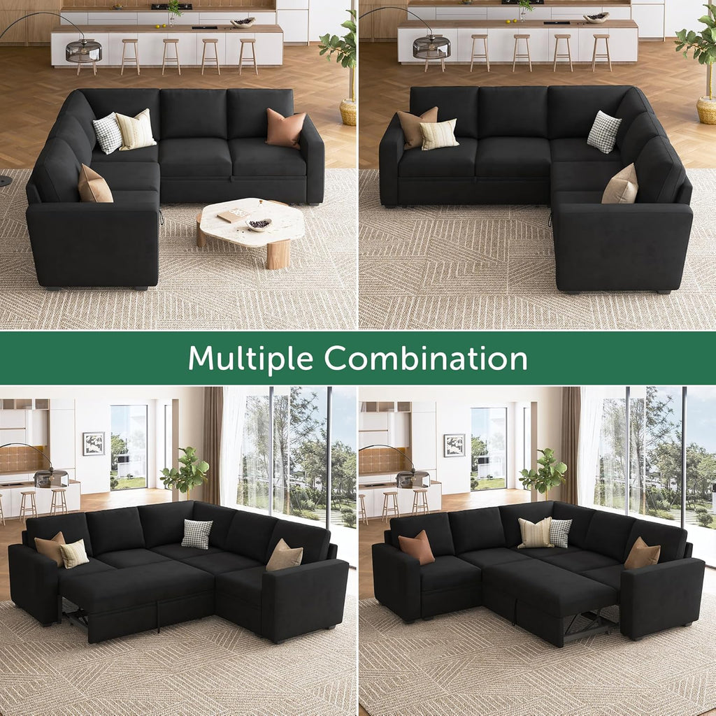 HONBAY Modular Sectional Sleeper Sofa with Pull Out Bed, Velvet L Shaped Sectional Couch with Storage Seat, Convertible Sectional Couches for Living Room, Black - Grand Goldman